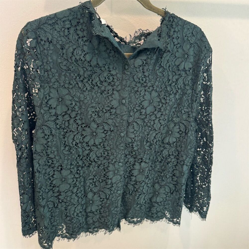 Joie Women's Emerald Green Lace Blouse Crew Neck Long Sleeve Size L - Picture 2 of 3